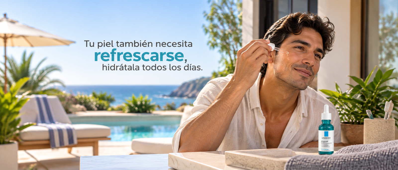 Tu piel también necesita refrescarse, hidrátala todos los días: hombre aplicando sérum facial