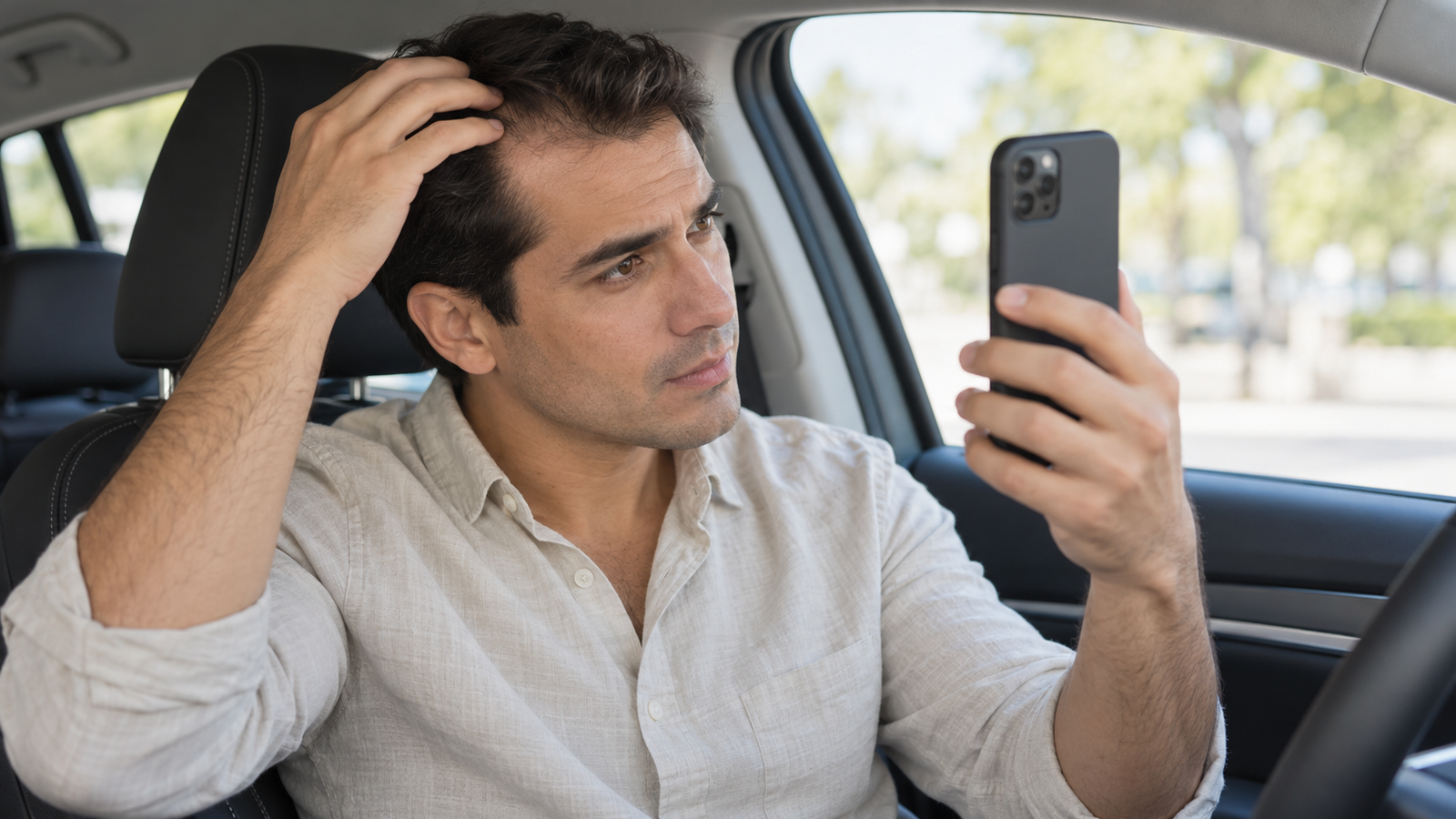 Hombre revisando su línea capilar con el celular dentro de un auto.