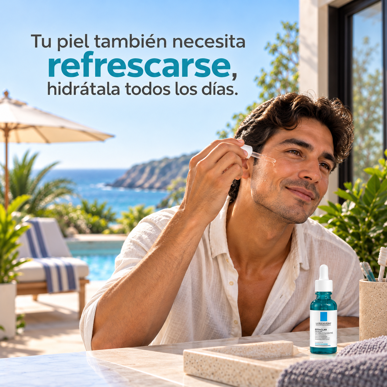 Tu piel también necesita refrescarse, hidrátala todos los días: hombre aplicando sérum facial